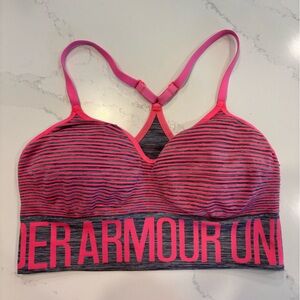 Women's Under Armour Pink and Grey Striped Sports Bra - Size M